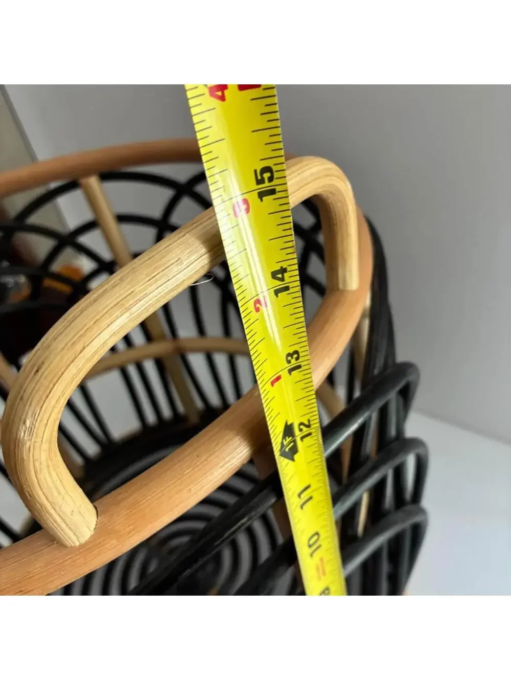Vintage Two Tone Rattan Storage Basket Black Natural Bamboo Handles Woven